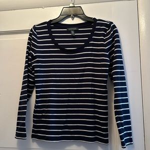 Ralph Lauren dark blue with thin white lines.